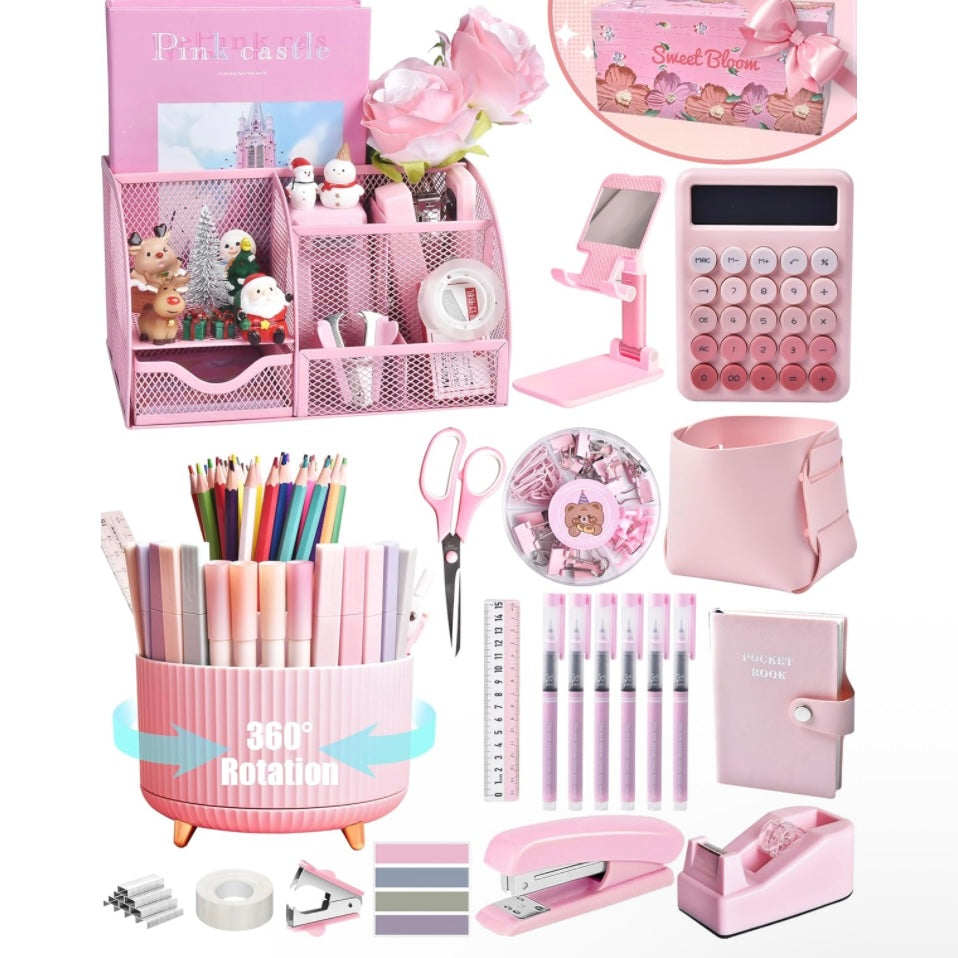 Pink Desk Organizers and Accessories With Mesh Desk Organizer and 360°Rotating Pen Holder
