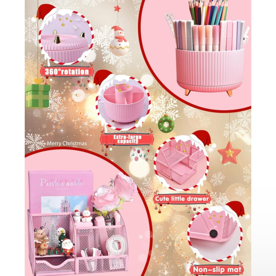 Pink Desk Organizers and Accessories With Mesh Desk Organizer and 360°Rotating Pen Holder
