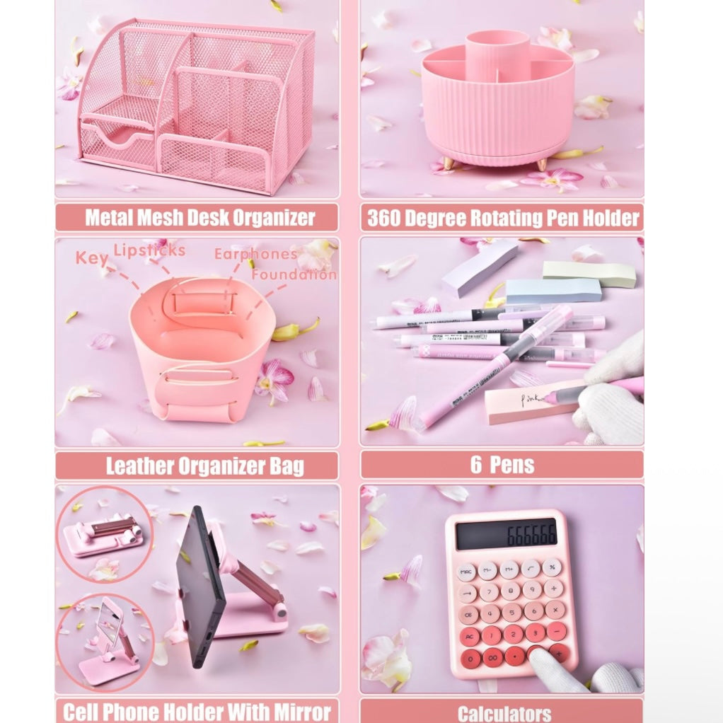 Pink Desk Organizers and Accessories With Mesh Desk Organizer and 360°Rotating Pen Holder