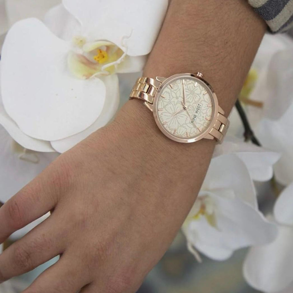 Nine West Women's Floral Dial Bracelet Watch, Rose Gold