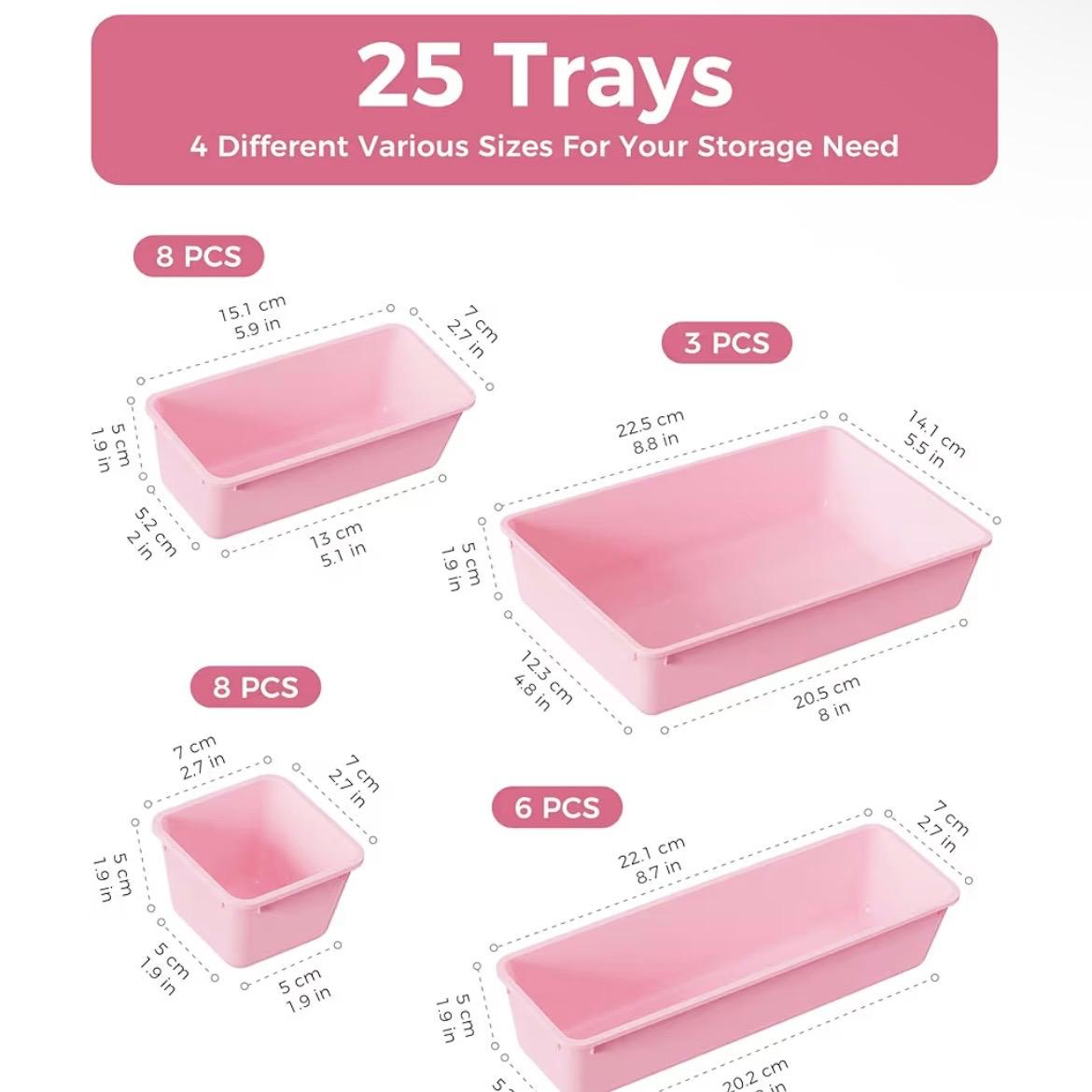 25 PCS Plastic Drawer Organizers Set, 4-Sizes Vanity and Makeup Organizer