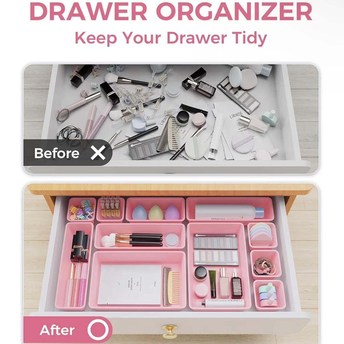 25 PCS Plastic Drawer Organizers Set, 4-Sizes Vanity and Makeup Organizer