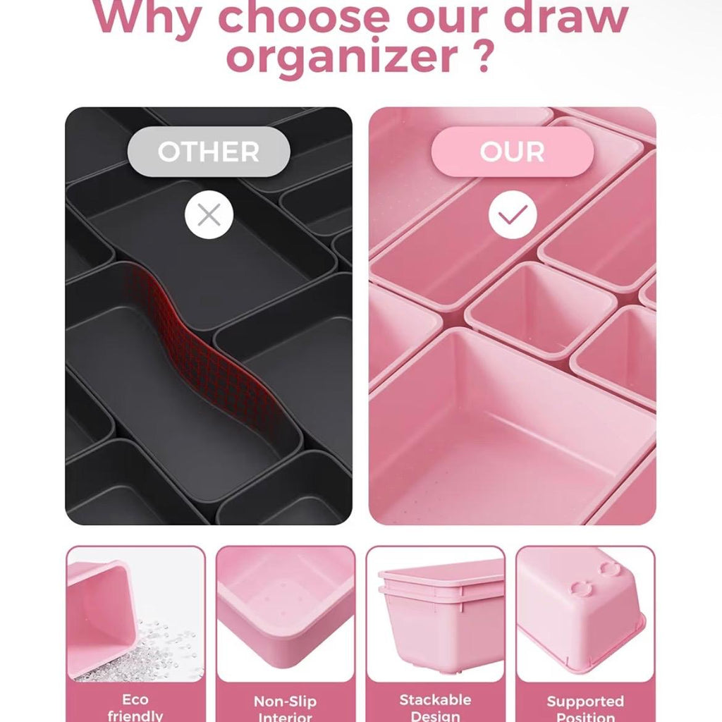 25 PCS Plastic Drawer Organizers Set, 4-Sizes Vanity and Makeup Organizer