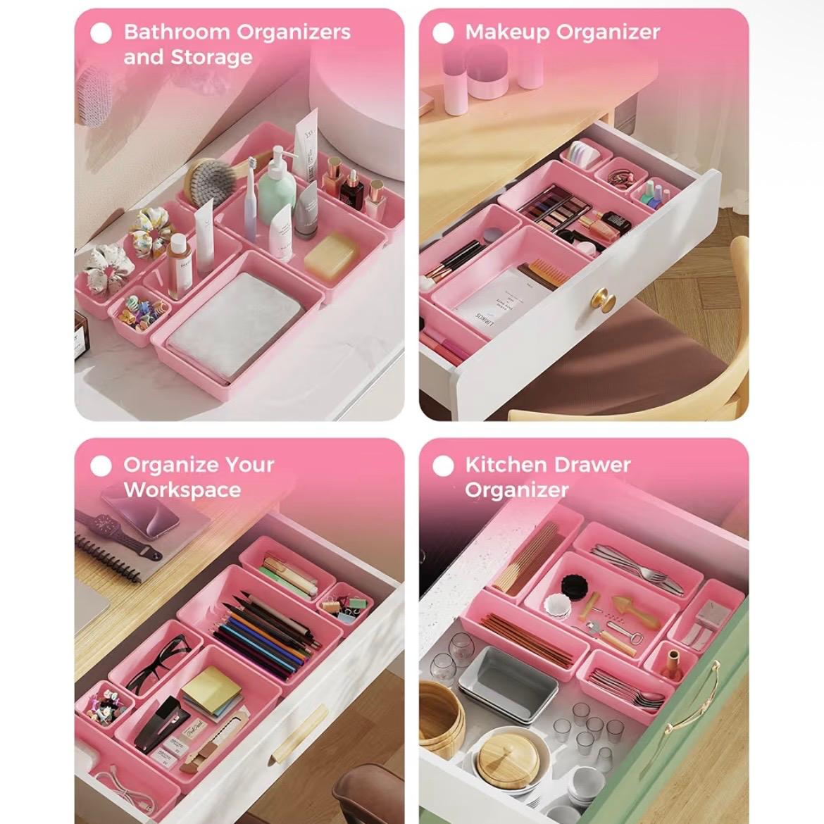 25 PCS Plastic Drawer Organizers Set, 4-Sizes Vanity and Makeup Organizer